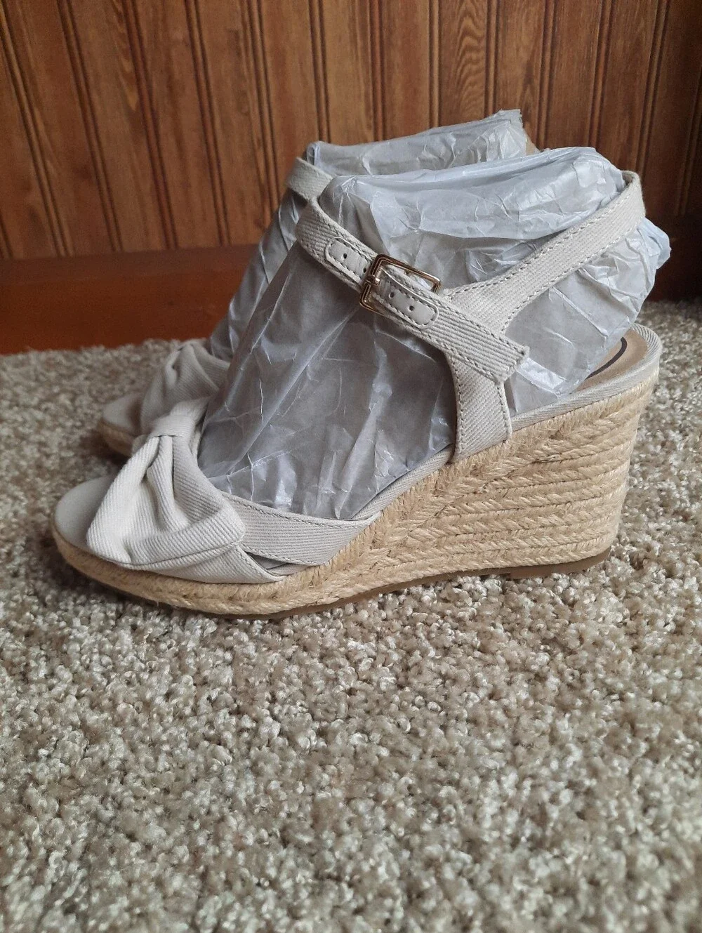🛍 NIB Life Stride Tahlia Bone Canvas Ankle Strap Bow Espadrille Wedges Size 7